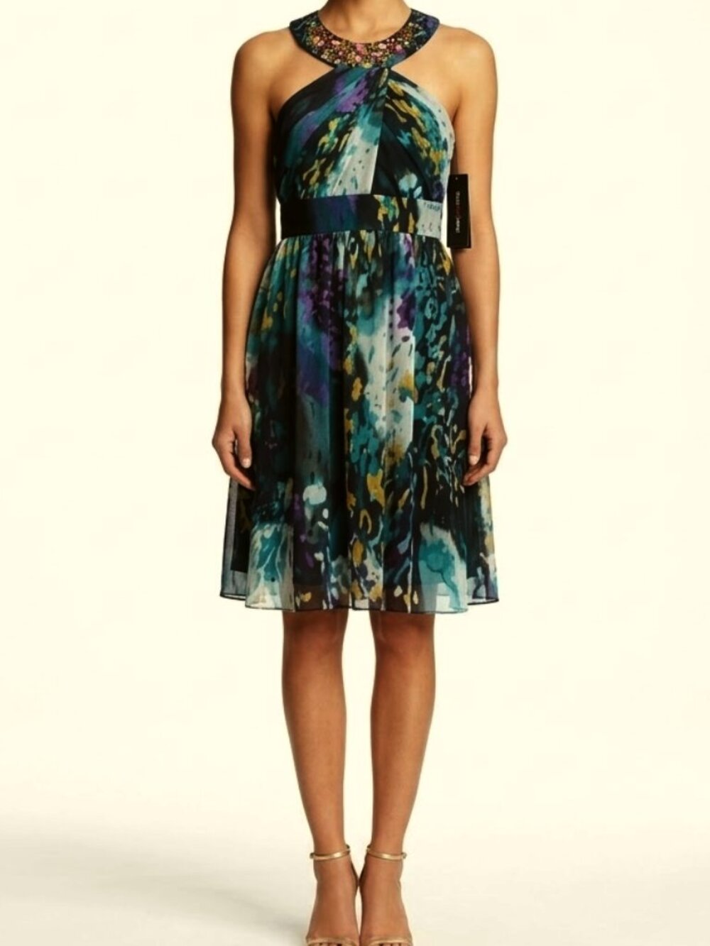 Miss Sixty Chiffon Watercolour Print Dress w/Bejeweled Neck NEW- Sz. 2